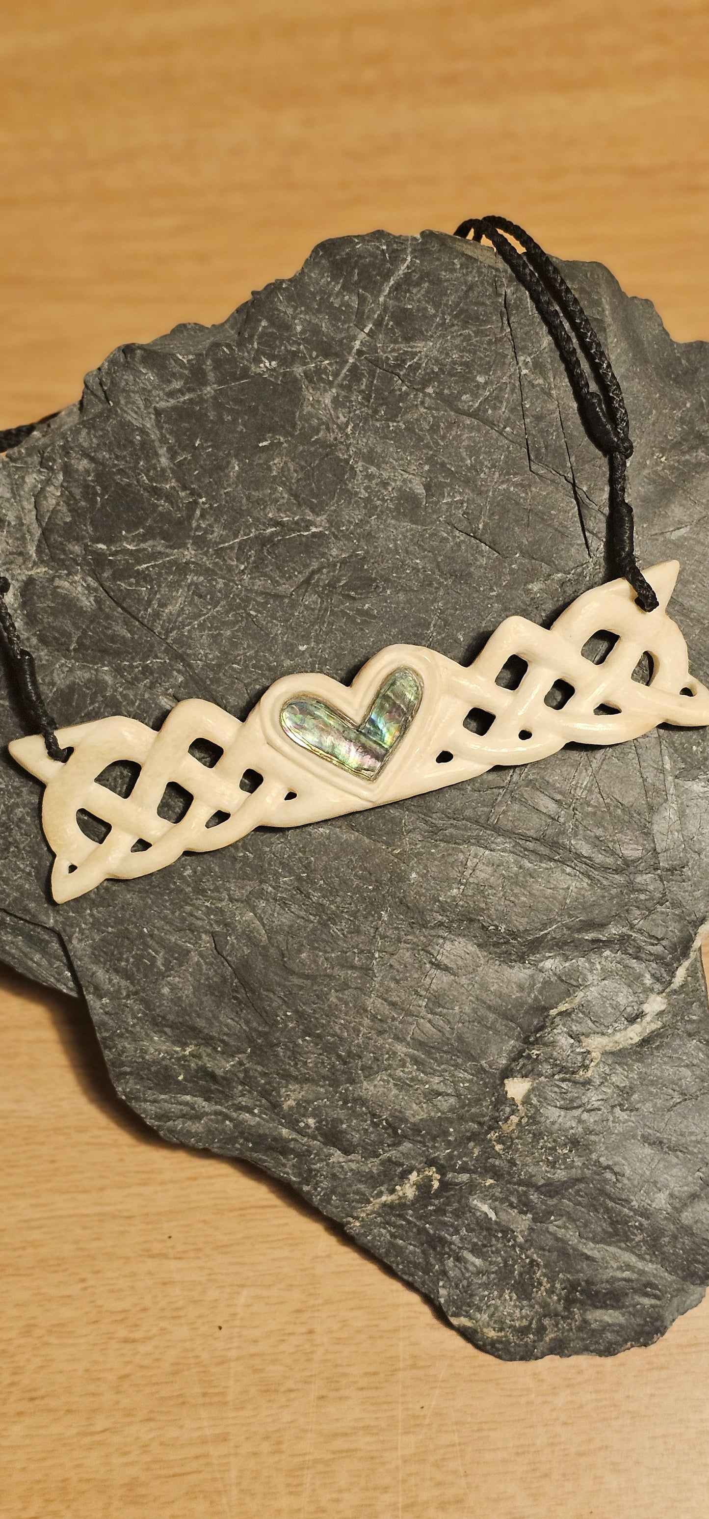 Bone Carving #41 Celtic Breast Plate (Paua Heart)