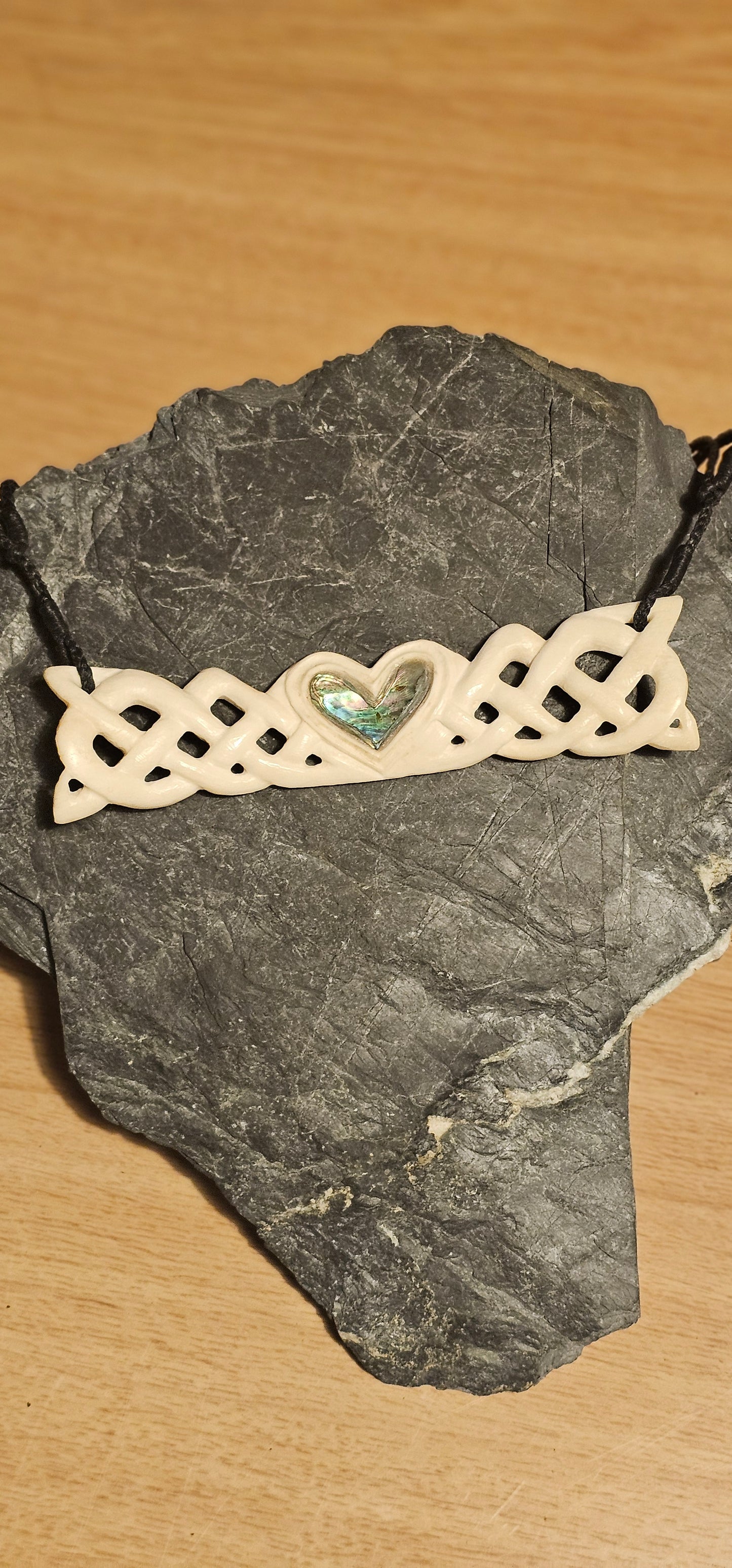 Bone Carving #41 Celtic Breast Plate (Paua Heart)